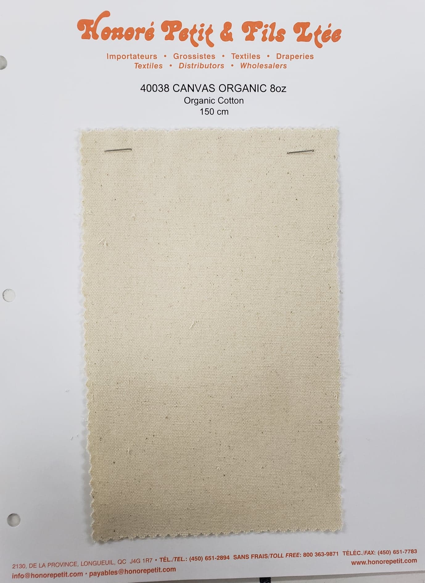 Organic Cotton Canvas, 8 oz, Medium Weight by Honore Petit & Fils Ltee