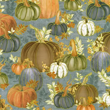 "Dusty Blue Pumpkins / Fall Leaves" :: HELLO FALL COLLECTION by Robert KAufman :: #ADHDM2391668