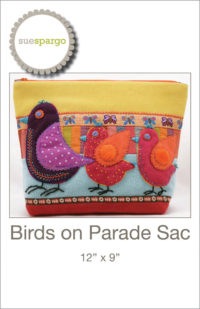 "BIRDS ON PARADE" Zippered Bag Pattern, Sue Spargo