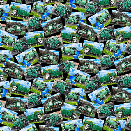 "MULTI GARBAGE TRUCKS" , Green Garbage Trucks, 100% Cotton, Quilt Fabric by Timeless Treasures