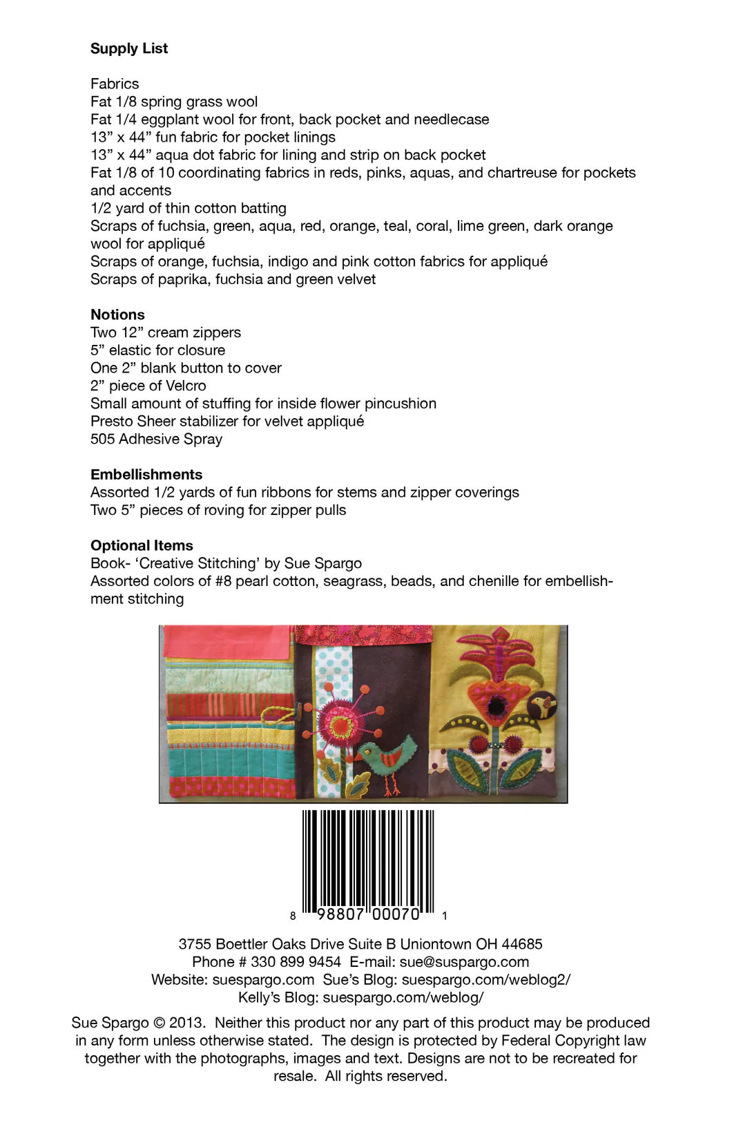 "Firefly Sewing Envelope Pattern", Sue Spargo Wool Applique