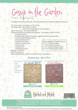 "Gossip in the Garden" Quilt Pattern by Hatched and Patched - English Paper Piecing, Stitchery, Needle-Turn Applique & Machine Piecing