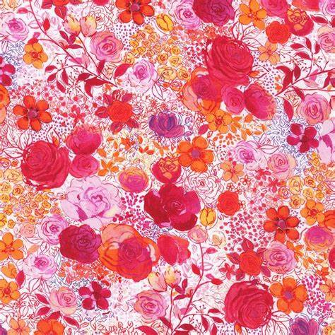 JOYFUL MEADOWS "Pink & Orange Roses on White" by Robert Kaufman