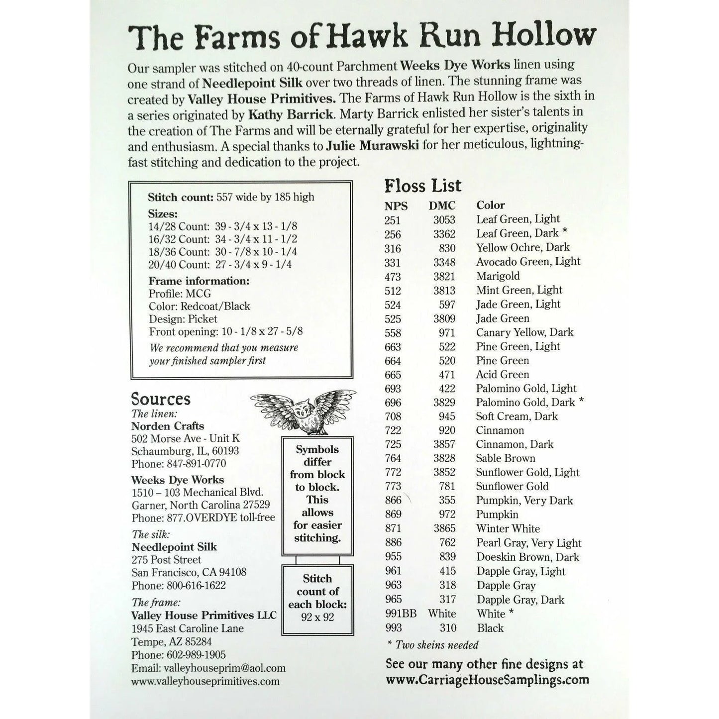 "THE FARMS OF HAWK RUN HOLLOW" by Carriage House Samplings - Counted Cross Stitch Pattern