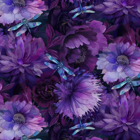 "PURPLE WIDE FLORAL with DRAGONFLIES" by Timeless Treasures, 100% Cotton