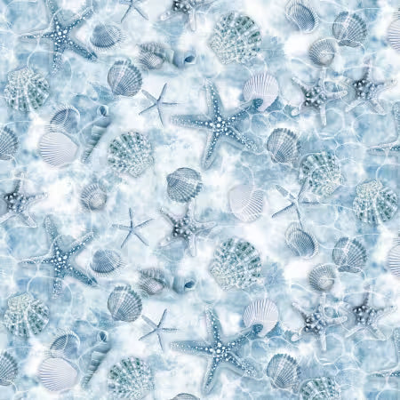 BLUE TOSSED STARFISH & SHELLS - Let Your Light Shine by Timeless Treasures, 100% Cotton