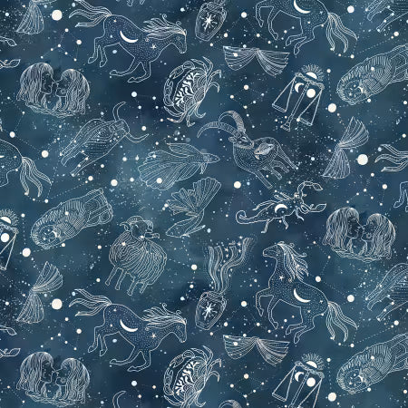 "ASTROLOGY SYMBOLS in Blue" Celestial Seasons Collection by P & B Textiles