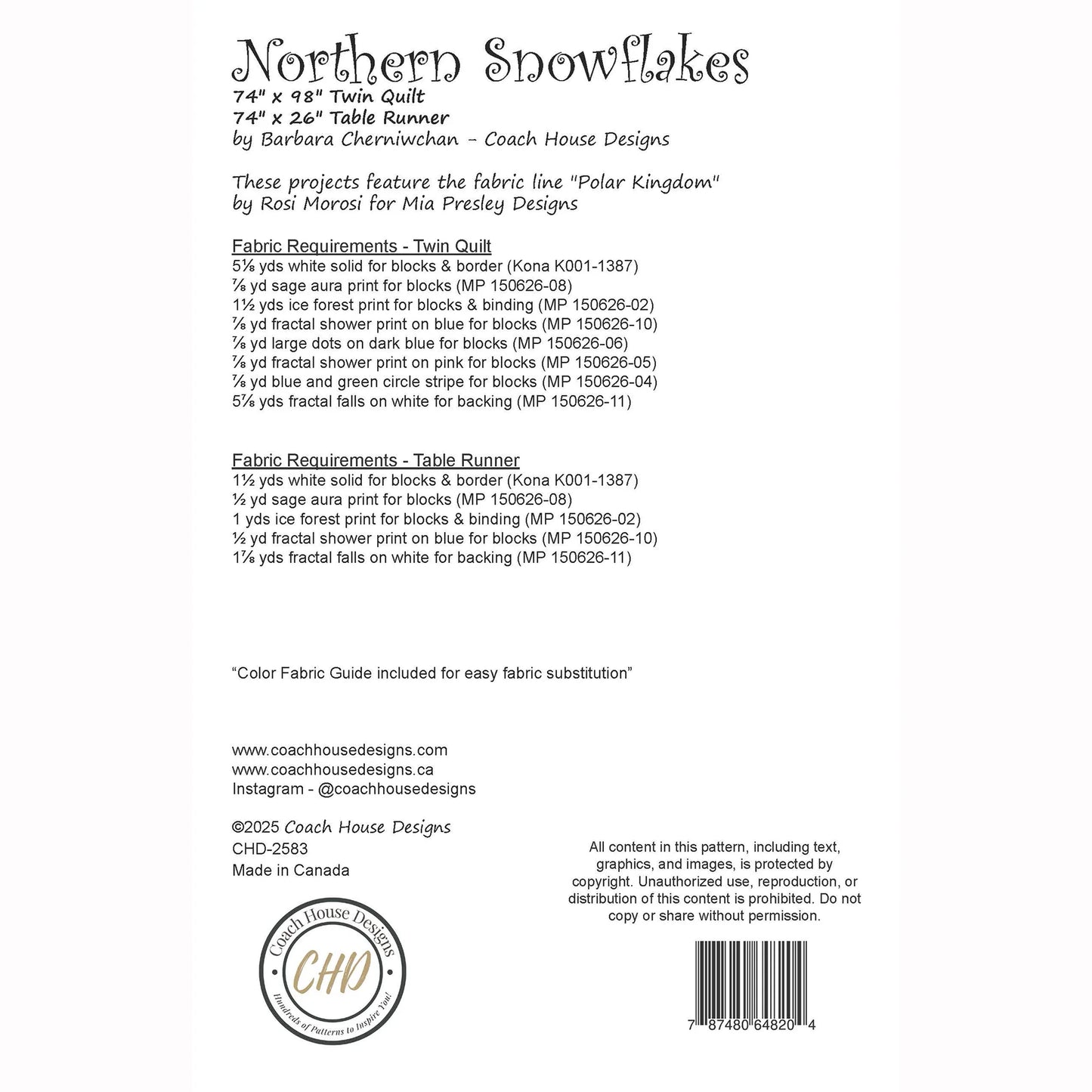 Northern Snowflakes Quilt Pattern, Table Runner Pattern by Coach House Designs