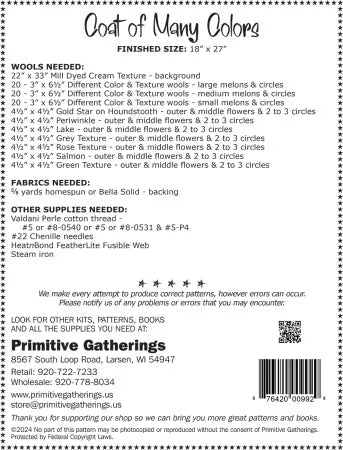 COAT OF MANY COLORS Wool Applique Pattern by Lisa Bongean for PRIMITIVE gatherings