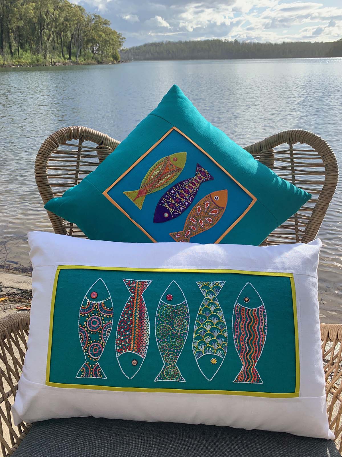 Fish Pillows -Embroidered & Wool Applique - The Needle & Thread Emporium